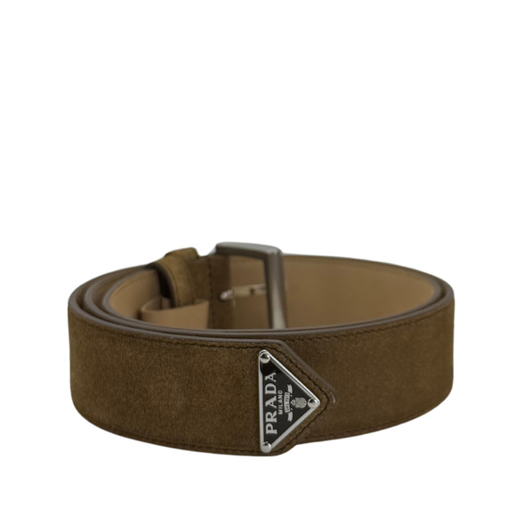 Prada Women's Brown Suede Leather Belt Size 90 36" M-L NEW IN BOX Triangle Logo - Picture 3 of 5